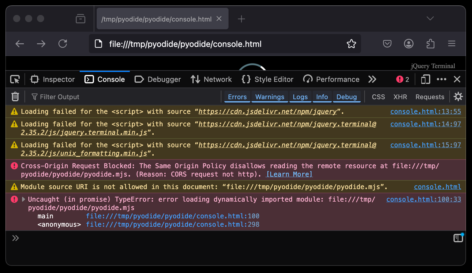 This screenshot shows that CORS blocks requests going to protocols like file instead of http and https