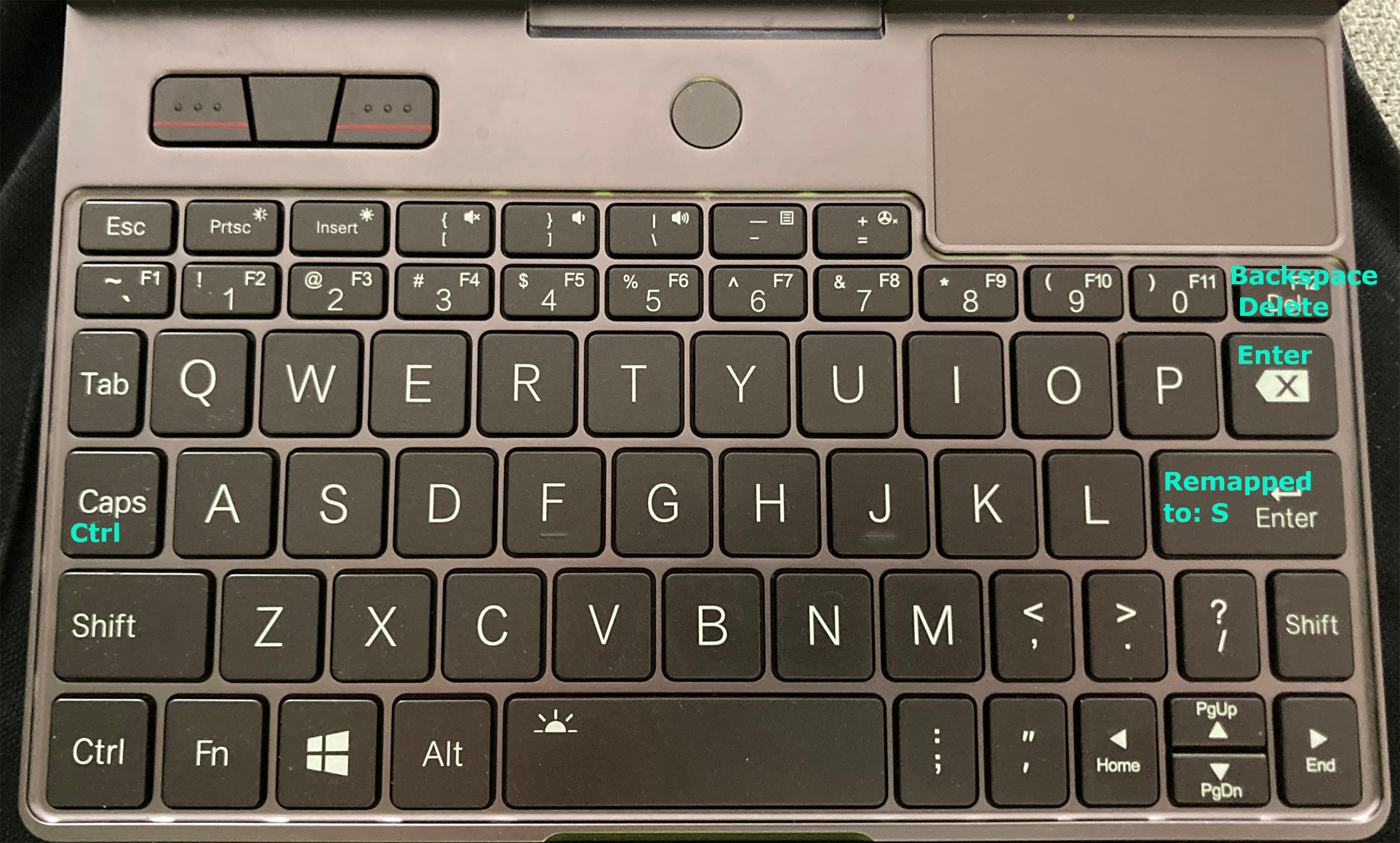 A picture that shows the keyboard, and which keys have been remapped to something else.